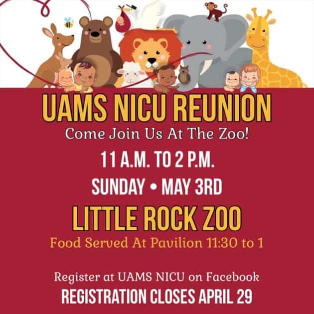 UAMS NICU Reunion Flyer, featuring animated drawings of children and animals.