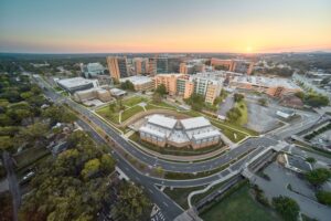 Aerial view of UAMS at sunset