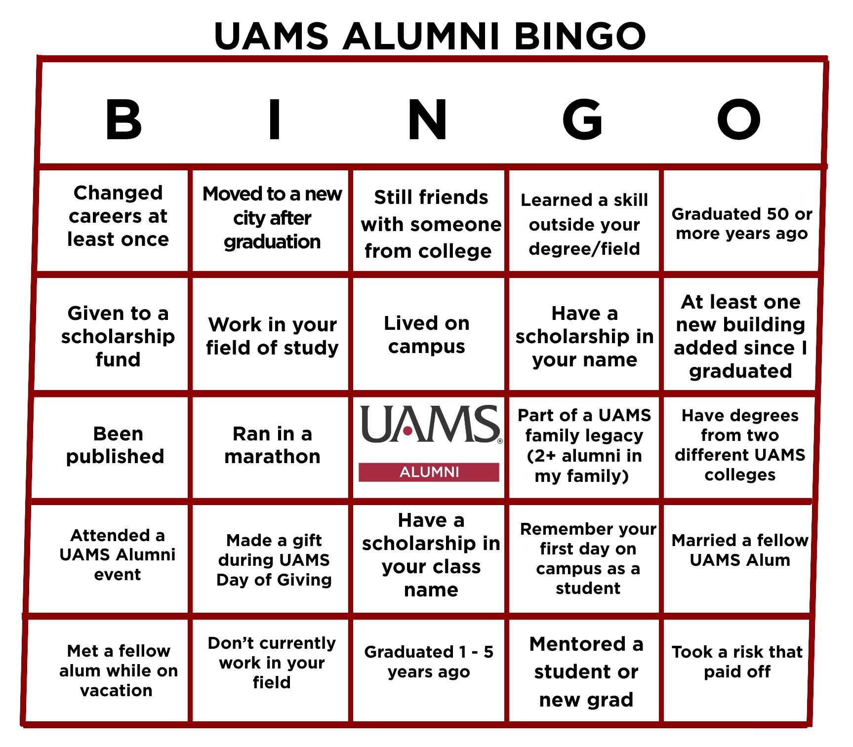 Graphic titled “UAMS Alumni Bingo” showing a 5x5 bingo card with columns labeled B, I, N, G, O. Each square includes alumni-related prompts such as “Changed careers at least once,” “Moved to a new city after graduation,” and “Gave to a scholarship fund.” The center square displays the UAMS Alumni logo. Red grid lines frame each square.