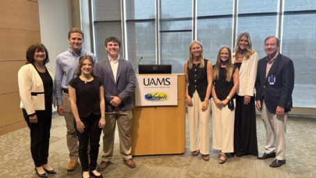 Stephanie Gardner, Pharm.D., Ed.D., and C. Lowry Barnes, M.D., joined students who will benefit from these scholarships this fall at a press release for the Windgate Foundation $7 million gift.