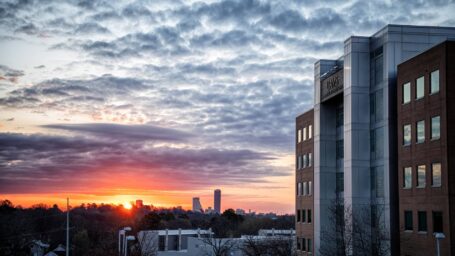 UAMS Campus in Little Rock with the sun rising in the early morning.