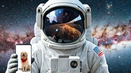 An astronaut is shown in space holding a up a cell phone with a picture of a golden retriever on it.