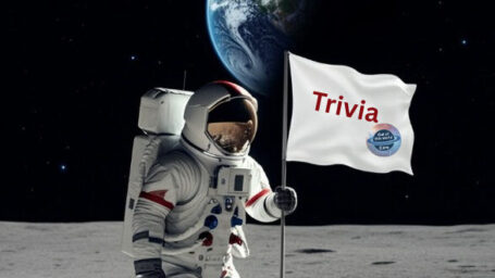 An astronaut is pictured on the surface of the moon with Earth in the background, holding a white flag that says 